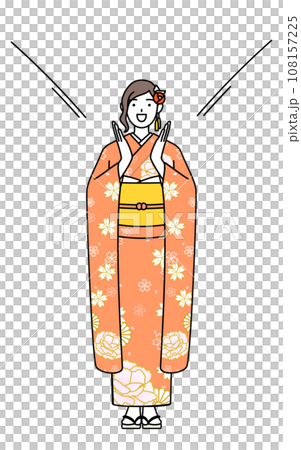 口に手を当てて呼び込みをする振袖姿の女性、お正月の初詣や成人式、卒業式や結婚式などで 108157225
