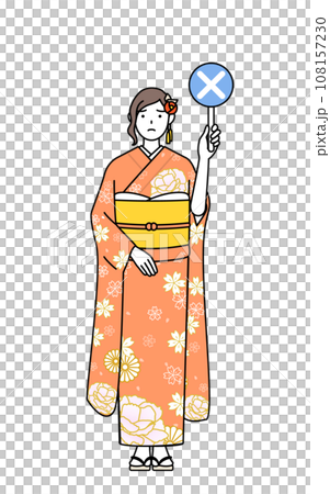 A woman in a long-sleeved kimono holding a cross to indicate an incorrect answer, is often seen at New Year's shrine visits, coming-of-age ceremonies, graduation ceremonies, weddings, etc. 108157230