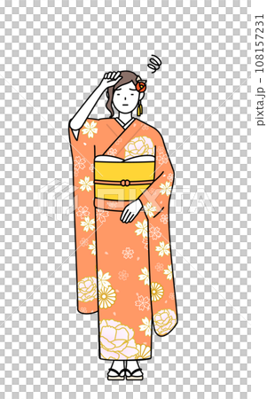 A woman in a long-sleeved kimono with her hand on her head in trouble, at a New Year's shrine visit, a coming-of-age ceremony, a graduation ceremony, a wedding, etc. 108157231