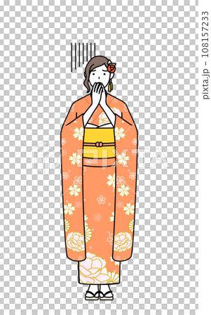 Surprised women in long-sleeved kimonos cover their mouths, at New Year's shrine visits, coming-of-age ceremonies, graduation ceremonies, weddings, etc. 108157233
