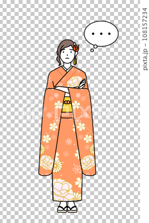 A woman in a long-sleeved kimono with her arms crossed, thinking at a New Year's shrine visit, a coming-of-age ceremony, a graduation ceremony, a wedding, etc. A woman in a long-sleeved kimono with her arms crossed, thinking at a New Year's shrine visit, a coming-of-age ceremony, a graduation ceremony, a wedding, etc. 108157234