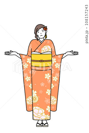 肩をすくめて手を広げて困っている振袖姿の女性、お正月の初詣や成人式、卒業式や結婚式などで 108157243