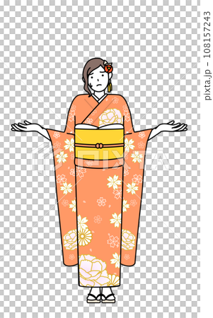 肩をすくめて手を広げて困っている振袖姿の女性、お正月の初詣や成人式、卒業式や結婚式などで 108157243