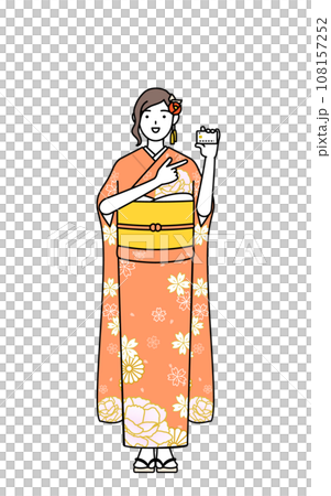 A woman in a long-sleeved kimono recommends payment by credit card, at New Year's shrine visit, coming-of-age ceremony, graduation ceremony, wedding ceremony, etc. A woman in a long-sleeved kimono recommends payment by credit card, at New Year's shrine visit, coming-of-age ceremony, graduation ceremony, wedding ceremony, etc. 108157252