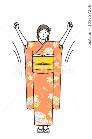 ラジオ体操をする振袖姿の女性、お正月の初詣や成人式、卒業式や結婚式などで 108157266