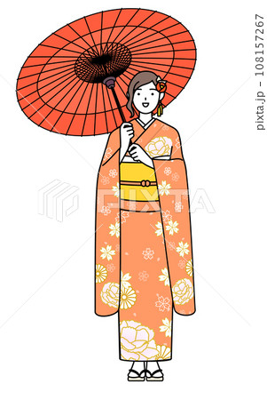 笑顔で和傘をさす振袖姿の女性、お正月の初詣や成人式、卒業式や結婚式などで 108157267