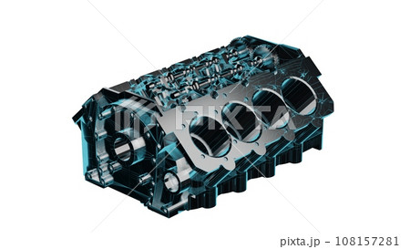 Close up detailed fully textured 3D render over white background of high tech car engine block assembled with steel cylinders casings, pistons, crankshaft and industry grade engineering parts 108157281