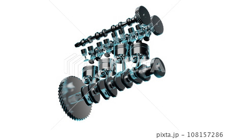 Close up detailed fully textured 3D render over white background of diesel engine car equipment with pistons, cranks, valves and other mechanical components offering high performance 108157286