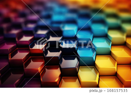 AI generation. Abstract metal background with hexagons in blue and orange colors. AI generation. Abstract metal background with hexagons in blue and orange colors. 108157535