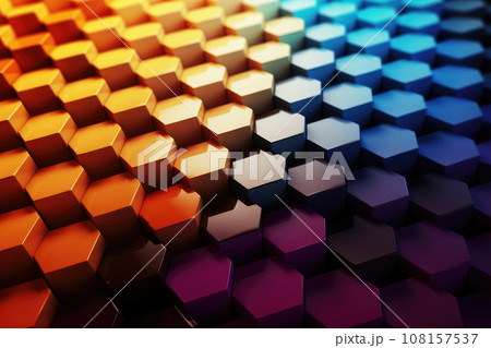 AI generation. Abstract metal background with hexagons in blue and orange colors. AI generation. Abstract metal background with hexagons in blue and orange colors. 108157537