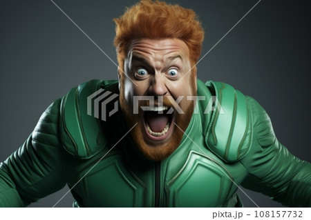 Comic portrait of a fat redhead bearded man in green superhero costume. The funny screaming dude portrays a powerful Irish Superman and ready to defeat any opponent. Black background, copy space. Comic portrait of a fat redhead bearded man in green superhero costume. The funny screaming dude portrays a powerful Irish Superman and ready to defeat any opponent. Black background, copy space. 108157732