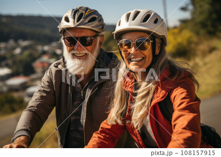 Elderly smiling couple in safety helmets riding bicycles together to stay fit and healthy. Caucasian seniors having fun on a bike ride in summer countryside. Retired people lead active lifestyle. Elderly smiling couple in safety helmets riding bicycles together to stay fit and healthy. Caucasian seniors having fun on a bike ride in summer countryside. Retired people lead active lifestyle. 108157915