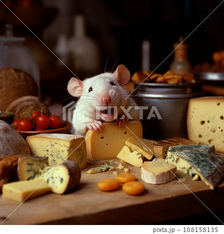 Satisfied happy mouse next to table with different appetizing varieties of cheese and other dairy products, for advertising cheese 108158135
