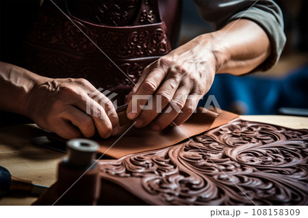close-up of the hands of a craftsman working in a traditional leather workshop close-up of the hands of a craftsman working in a traditional leather workshop 108158309