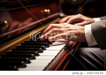 hands of a pianist in a suit playing the piano, close-up.  108158338