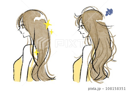 サラサラヘアーの女性とボサボサヘアーの女性のイラストセット サラサラヘアーの女性とボサボサヘアーの女性のイラストセット 108158351
