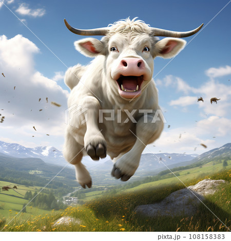 An image of a cow in a good mood running. Farm animals. An image of a cow in a good mood running. Farm animals. 108158383