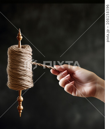 Woman's hand with spindle and yarn 108158396
