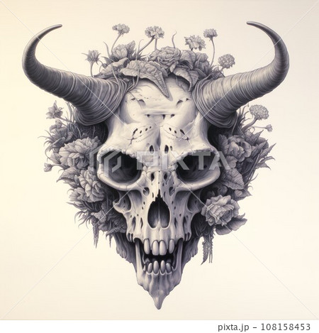 Graphic black and white image of a bull skull in flowers. 108158453