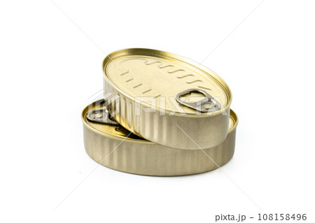 Various canned food in metal cans isolated on white background. Various canned food in metal cans isolated on white background. 108158496