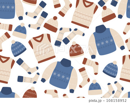 Seamless pattern with warm clothes. Seamless background great for wrapping, fabric, textiles, wallpaper. Vector illustration Seamless pattern with warm clothes. Seamless background great for wrapping, fabric, textiles, wallpaper. Vector illustration 108158952