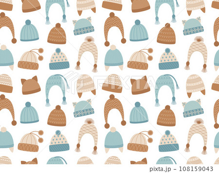 Seamless pattern with cold weather Hats. Seamless background. Winter print great for wrapping, fabric, textiles, wallpaper. Vector illustration Seamless pattern with cold weather Hats. Seamless background. Winter print great for wrapping, fabric, textiles, wallpaper. Vector illustration 108159043