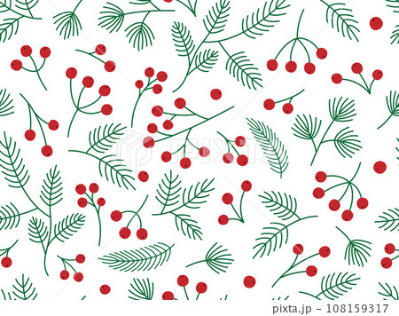 Seamless pattern with winter berries and pine, spruce branches. Seamless background. Christmas botanical print great for wrapping, fabric, textiles, wallpaper. Vector illustration Seamless pattern with winter berries and pine, spruce branches. Seamless background. Christmas botanical print great for wrapping, fabric, textiles, wallpaper. Vector illustration 108159317