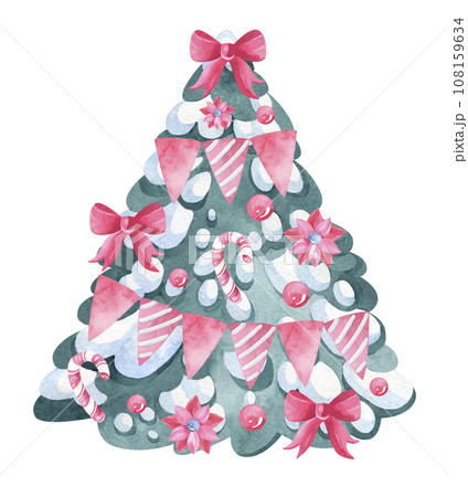 Christmas tree decorated for the holiday on a white background. Watercolor illustration of a fir tree with a red bow, candies, lollipop and snow, hand drawn. sketch for Christmas card, logo, label 108159634