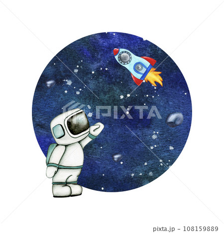 Cute Astronaut and rocket in space isolated on galaxy background. Watercolor Illustration of outer space with stars Cute Astronaut and rocket in space isolated on galaxy background. Watercolor Illustration of outer space with stars 108159889
