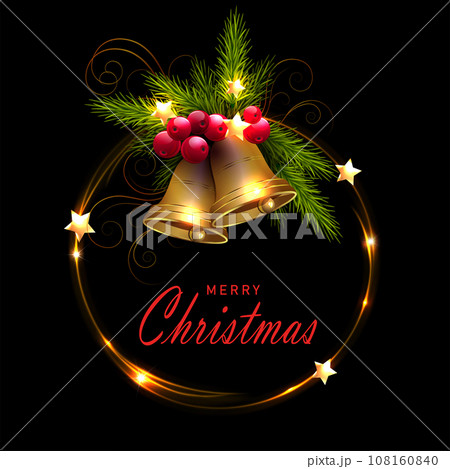 Isolated element, Christmas round wreath with golden bells on a black background 108160840