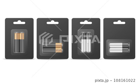 Vector 3d Realistic Two Alkaline Battery in the Black Paper Blister Icon Set Closeup Isolated. AA Size, Horizontal and Vertical Position. Design Template for Branding, Mockup Vector 3d Realistic Two Alkaline Battery in the Black Paper Blister Icon Set Closeup Isolated. AA Size, Horizontal and Vertical Position. Design Template for Branding, Mockup 108161022