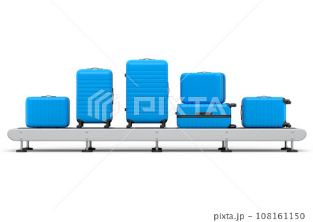Airport luggage conveyor belt or manufacture line with baggages on white. 108161150