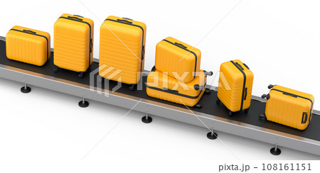 Airport luggage conveyor belt or manufacture line with baggages on white. 108161151