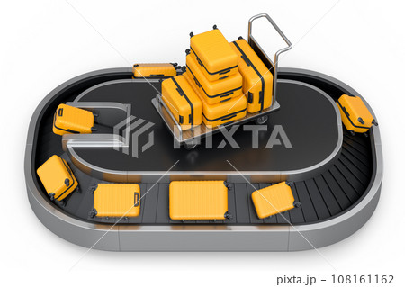 Airport luggage conveyor belt or baggage claim area with suitcases on white. 108161162
