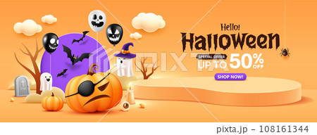 Happy Halloween sale, orange podium 3D, pumpkins close one eye, candle and bat flying, trees, spider web, banner design on orange background Happy Halloween sale, orange podium 3D, pumpkins close one eye, candle and bat flying, trees, spider web, banner design on orange background 108161344