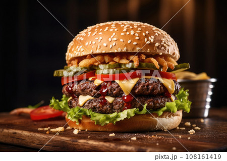 Delicious burger on a dark background. Generative AI 108161419