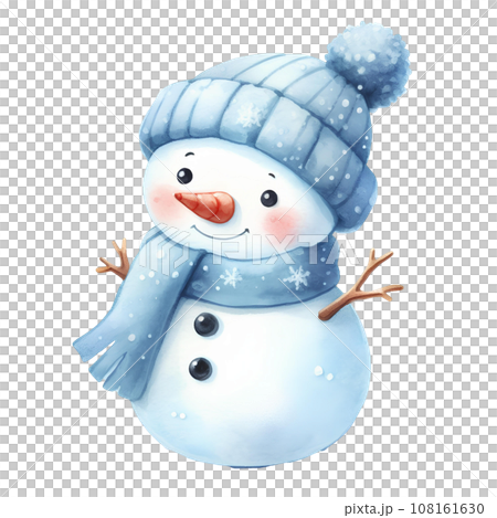 Watercolor snowman with hat and scarf isolated on white background. 108161630