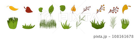 Set leaves and grass, green leaves autumn, twigs, branches, piece of lawn Doodle Vector illustration Set leaves and grass, green leaves autumn, twigs, branches, piece of lawn Doodle Vector illustration 108161678