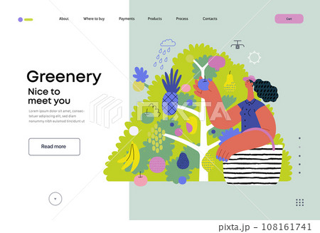 Greenery, ecology -modern flat vector concept illustration of a woman gathering fruit from the 40 fruit tree. Metaphor of environmental sustainability and protection, closeness to nature Greenery, ecology -modern flat vector concept illustration of a woman gathering fruit from the 40 fruit tree. Metaphor of environmental sustainability and protection, closeness to nature 108161741
