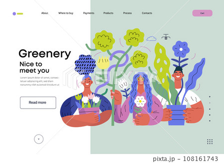 Greenery, ecology -modern flat vector concept illustration of people surrounded by plants and flowers. Metaphor of environmental sustainability and protection, closeness to nature 108161743