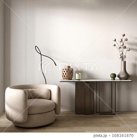 The beauty of nordic interior design shines in this hallway. Modern furniture paired with rustic elements. 3d rendering. High quality 3d illustration. The beauty of nordic interior design shines in this hallway. Modern furniture paired with rustic elements. 3d rendering. High quality 3d illustration. 108161870