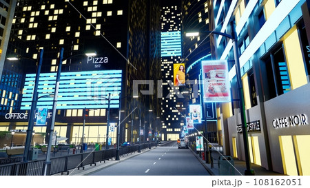 Nighttime downtown city avenues with automobiles driving past buildings. Empty metropolitan town with boulevards illuminated by OOH billboard ads and lamp posts, 3d render animation 108162051