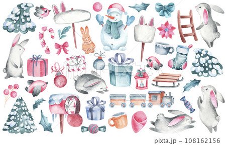 A set of New Year's elements for printing stickers: Christmas tree, New Year's sock, lantern, candy, gingerbread, hare, Christmas tree toys. Christmas collection on a white background. For printing st 108162156
