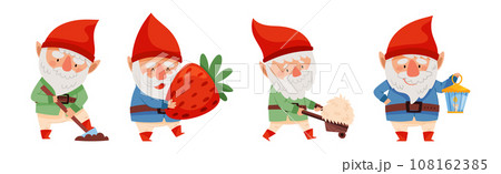 Fantastic Gnome Character with White Beard and Red Pointed Hat Vector Illustration Set Fantastic Gnome Character with White Beard and Red Pointed Hat Vector Illustration Set 108162385