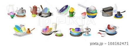Dirty Dish and Kitchen Utensils Pile for Cleaning Vector Set Dirty Dish and Kitchen Utensils Pile for Cleaning Vector Set 108162471