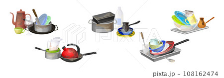 Dirty Dish and Kitchen Utensils Pile for Cleaning Vector Set 108162474