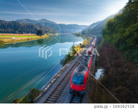 Aerial view of red speed train moving near...の写真素材 [108162516] - PIXTA