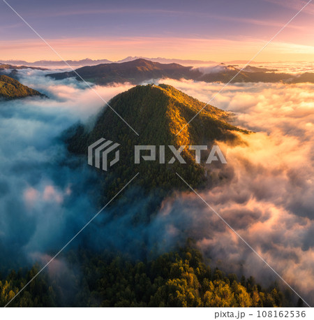 Aerial view of mountain peak in low clouds at sunrise in autumn 108162536
