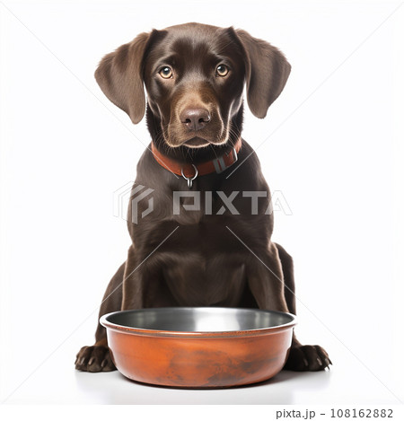 Hungry dog, dog is sitting near an empty bowl, close-up portrait on white, dog wants to eat, for advertising pet products, food 108162882