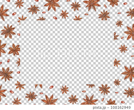 Star anise. Watercolor horizontal frame. Badian, Aniseed. Winter hand drawn illustration of brown spices for greetings, cards, package. Copy space for text Star anise. Watercolor horizontal frame. Badian, Aniseed. Winter hand drawn illustration of brown spices for greetings, cards, package. Copy space for text 108162949